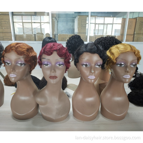 Sweet and cute glueless  Finger wave pixie for black women straight wave women's short machine made human hair wig